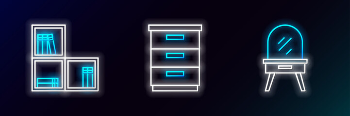 Set line Dressing table, Shelf with books and Furniture nightstand icon. Glowing neon. Vector
