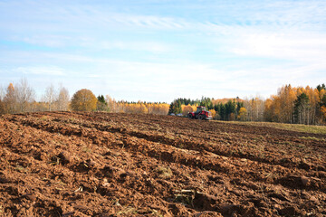 Tractor plows a field in the fall accompanied by forest - obrazy, fototapety, plakaty