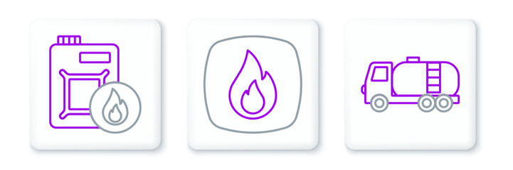 Set line Tanker truck, Canister for motor oil and Fire flame icon. Vector