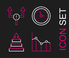 Obraz premium Set line Pie chart infographic, Pyramid infographics, Clock and Arrow icon. Vector