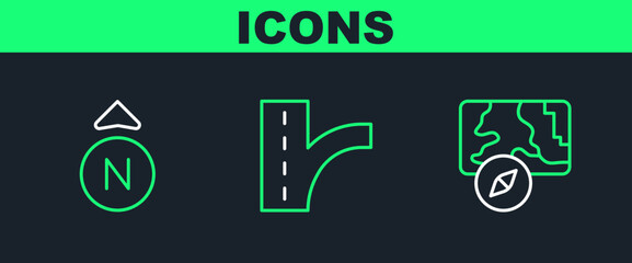 Set line City map navigation, Compass and Road traffic sign icon. Vector