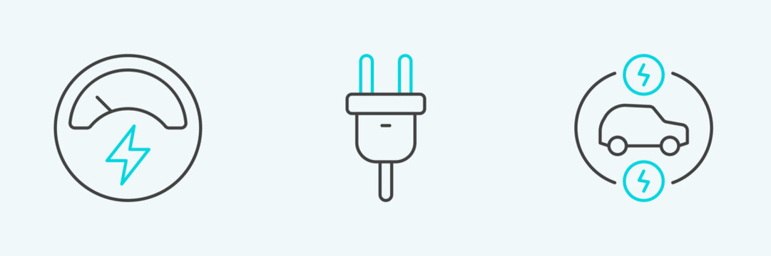 Set line Electric car, Voltmeter and plug icon. Vector