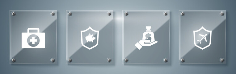 Set Plane with shield, Money in hand, Piggy bank and First aid kit. Square glass panels. Vector