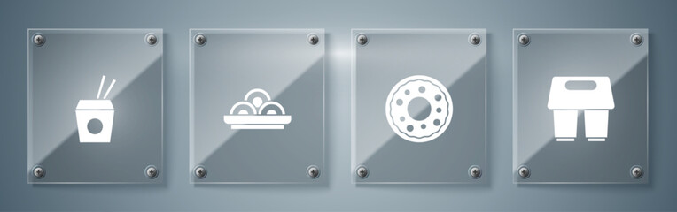 Set Coffee cup to go, Donut, Asian noodles in bowl and and chopsticks. Square glass panels. Vector