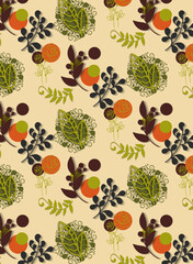 Seamless abstract pattern with flowers and plants on the beige background 