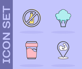 Set Bodybuilder muscle, No alcohol, Glass with water and Broccoli icon. Vector