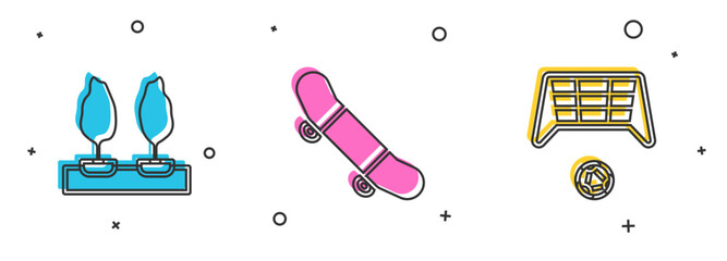 Set Forest, Skateboard trick and Soccer goal with ball icon. Vector