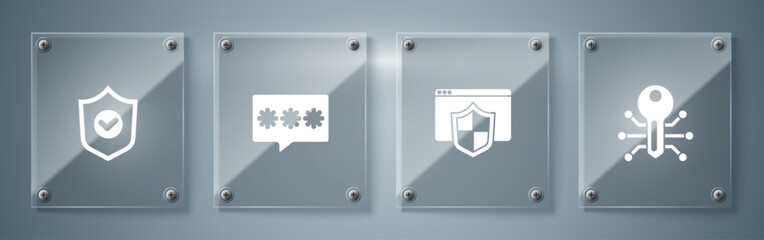 Set Smart key, Browser with shield, Password protection and Shield check mark. Square glass panels. Vector