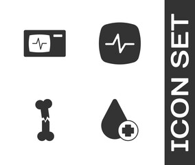 Set Donate drop blood, Monitor with cardiogram, Human broken bone and Heart rate icon. Vector