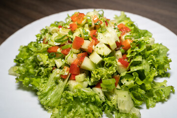 Close up of a salad with green lettuce leaves, spring onions, red peppers, cucumber and an herb dressing on a plate