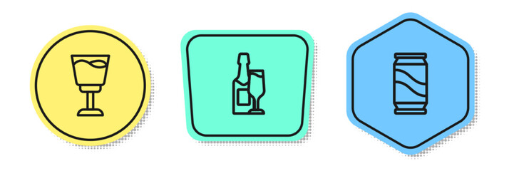 Set line Wine glass, Champagne bottle and and Beer can. Colored shapes. Vector