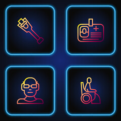 Set line Woman in wheelchair, Poor eyesight, Prosthesis leg and Identification badge. Gradient color icons. Vector