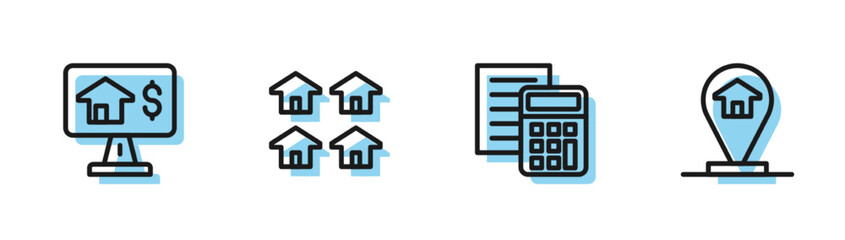 Set line Calculator, Online real estate, Real and Location house icon. Vector