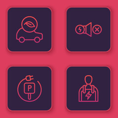 Set line Eco car, Charging parking electric, Electric motor and Car mechanic. Blue square button. Vector