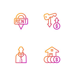 Set line House with dollar, Realtor, Location key and Rent. Gradient color icons. Vector