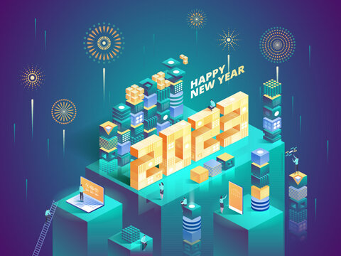 2023 Happy New Year. New innovative ideas. Digital technologies. Isometric technology for new year holiday posters and banners. Vector illustration with trendy geometric elements