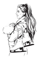 attractive woman holding ice skates