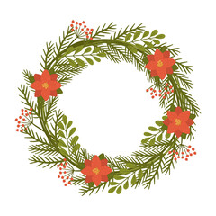Door decoration with fir branches and red flowers. Doodle wreath with winter mood.