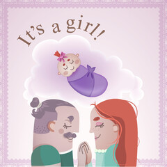 Family Couple is planning the pregnancy and wishing for a baby girl. Fertility planning went well and the family is making a baby shower party, sinding invitation card with announcement 