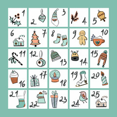 Christmas advent calendar with elements in naive vector image