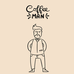 Coffee man vector logo illustration cartoon style. Simple doodle line art  image.