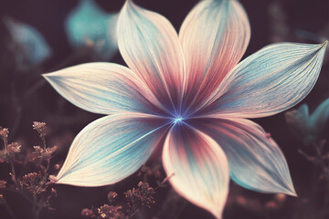 Beautiful pink blue flower pattern, cosmic fantasy fabulous floral horisontal background. Digital art, AI
