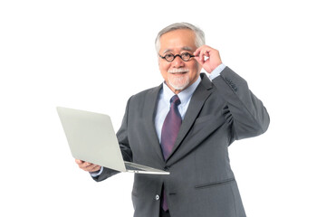 Asian senior businessman , senior man , old man wear glasses using laptop computer , smiling feel happy isolated on white background , concept for senior business success