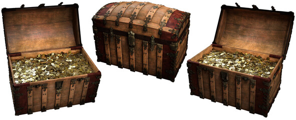 Three treasure chests 3D illustrations	