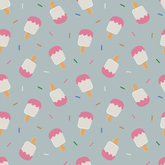 Ice cream seamless pattern. White cartoon ice cream with pink glaze and colorful decorative bright sprinkles on blue background. Sweet design. Vector illustration.