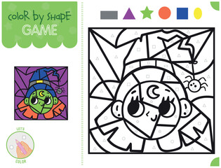 Cartoon cute witch with a spider on her hat. Coloring by shapes. educational game for children