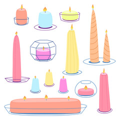 Set of burning candles. Wax aromatic candles in candlesticks, holders and glass. Cute hand drawn hygge interior decorations vector illustration set. Holiday decorative design element for aroma therapy
