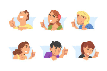 Fototapeta premium People Characters Leaving Positive Review Online Showing Adoration with Thumb Up in Speech Bubble Vector Set