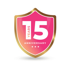 15th fifteenth anniversary Celebrating icon logo label Vector event gold color shield
