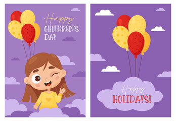 Set holiday cards Happy Childrens Day. Cute winking girl with balloons on purple background. Vector illustration in cartoon style. Vertical template for greeting cards, design, posters, print.