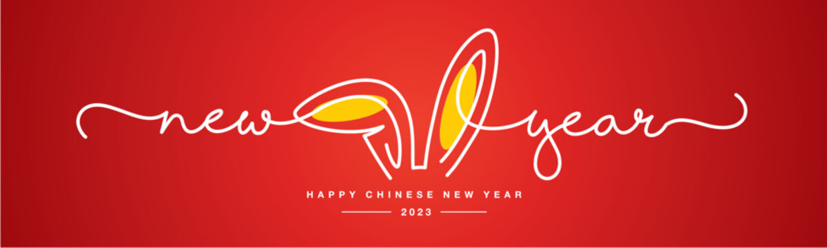 Happy Chinese New Year 2023. Chinese year of the rabbit 2023 handwritten lettering line design on a red background