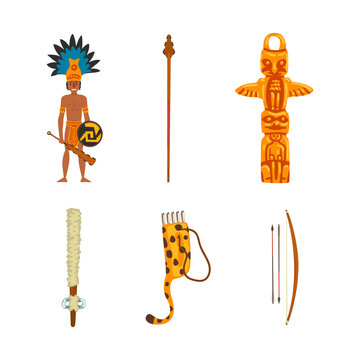 Maya Civilization Ethnic Symbols with Warrior Holding Shield and Bludgeon, Bow with Arrow and Animal Totem Vector Set