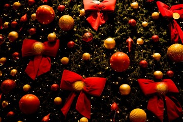 Árvore de natal decorada com bolas coloridas e luzes acesas de noite na Avenida Paulista, São...
