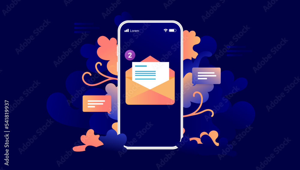 Poster phone email - smartphone screen with e-mail envelope and decorative floral design elements. vector i