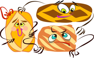 Three characters of loaves of bread with eyes and emotions. Characters with handles. Vector graphics