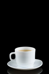 A cup of coffee on a black background. place for text cope space