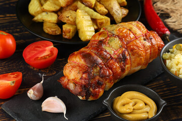 boneless meat roulade with seasonings and garnish. roast pork roulade Porchetta, delicious pork...
