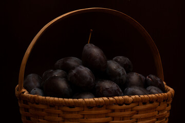 Autumn harvest of berries. Basket of freshly picked plums in rustic wicker basket on dark background. Photo of berries for compote in low key. The concept of village life, garden care, farming support