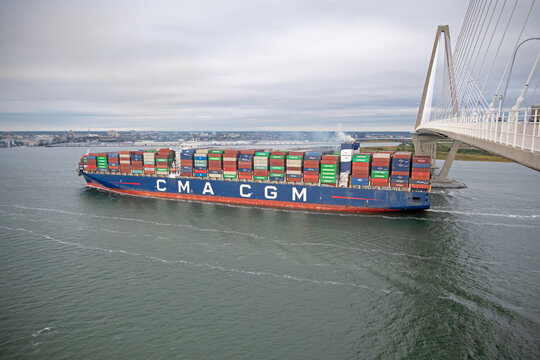 Laperouse, a container ship owned by French logistics company CMA CGM, passes under the Ravenel Bridge in Charleston Harbor on October 28, 2022.