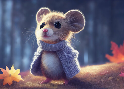Cute mice in autumn. Mouse cartoon character, funny animal.