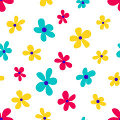 Fototapeta na wymiar illustration of minimalist style bright multicolored flowers forming seamless pattern on white background