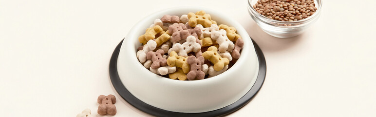 Dry dog vegan vegetarian food concept. Lentils near bowl with pet feed on beige background