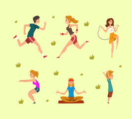 Fototapeta na wymiar People Characters Doing Sport and Walking in City Park on Green Grass Vector Set