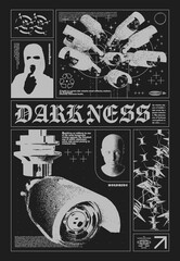Retro futuristic poster with surveillance camera. Print in techno style, for streetwear, print for t-shirts and sweatshirts on a black background