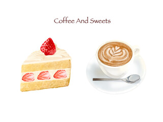 喫茶店ーいちごのショートケーキとキャラメルラテのイラストセットー手描き素材
