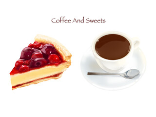 喫茶店ーいちごとベリーのタルトケーキとコーヒーのイラストー手描き素材